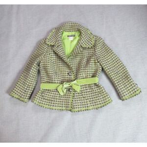 SIGRID OLSEN Jacket Medium Green Tweed Check Velvet Ribbon Belt Vintage Y2K